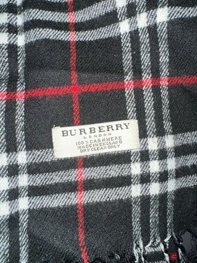 Burberry Black White and Red Plaid Cashmere Scarf